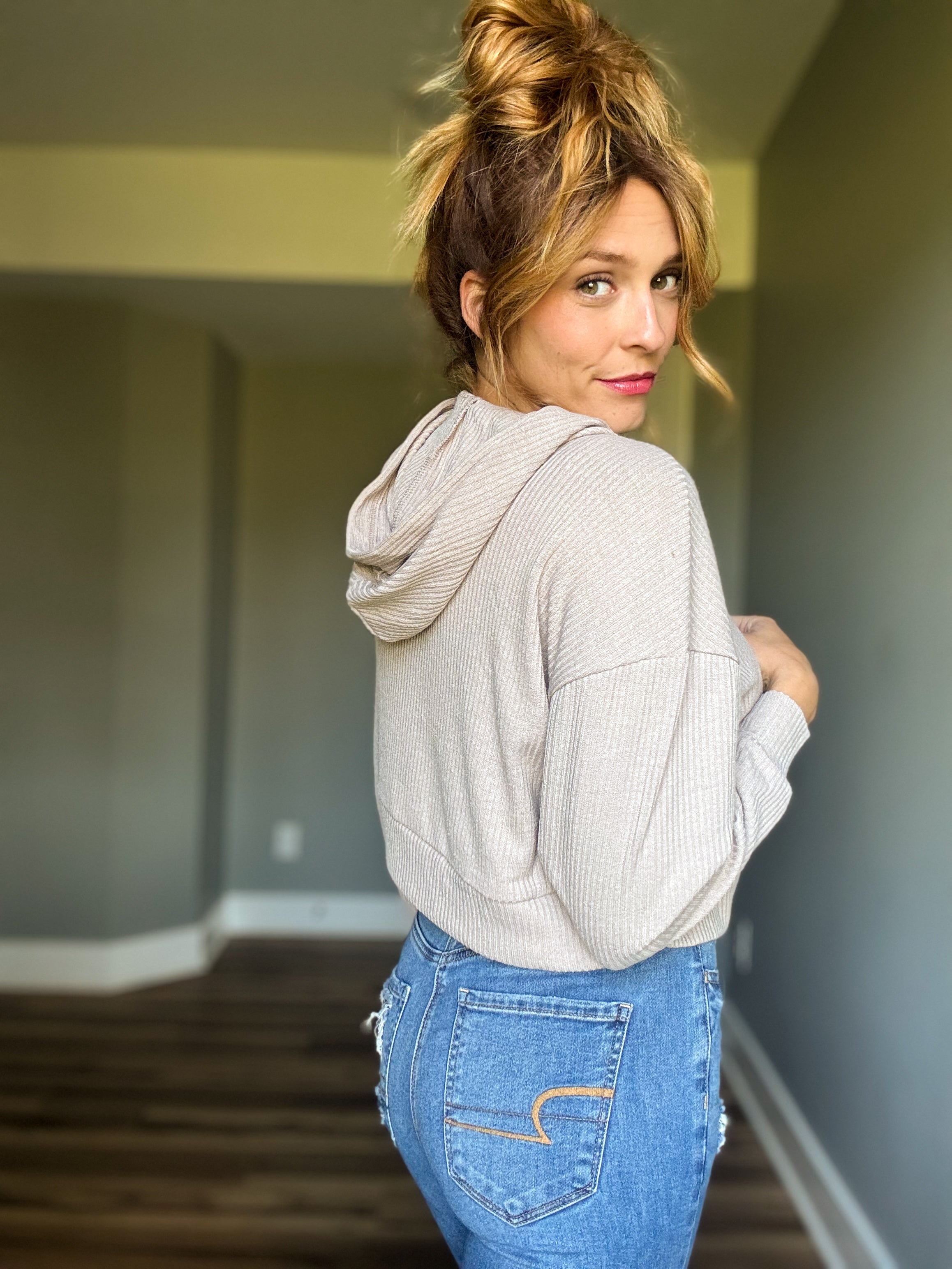 Ribbed Crop Hoodie- Ash Mocha