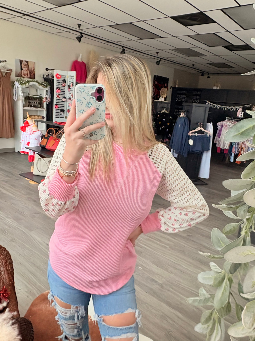 Blush & Bloom Crochet Sleeve Pullover