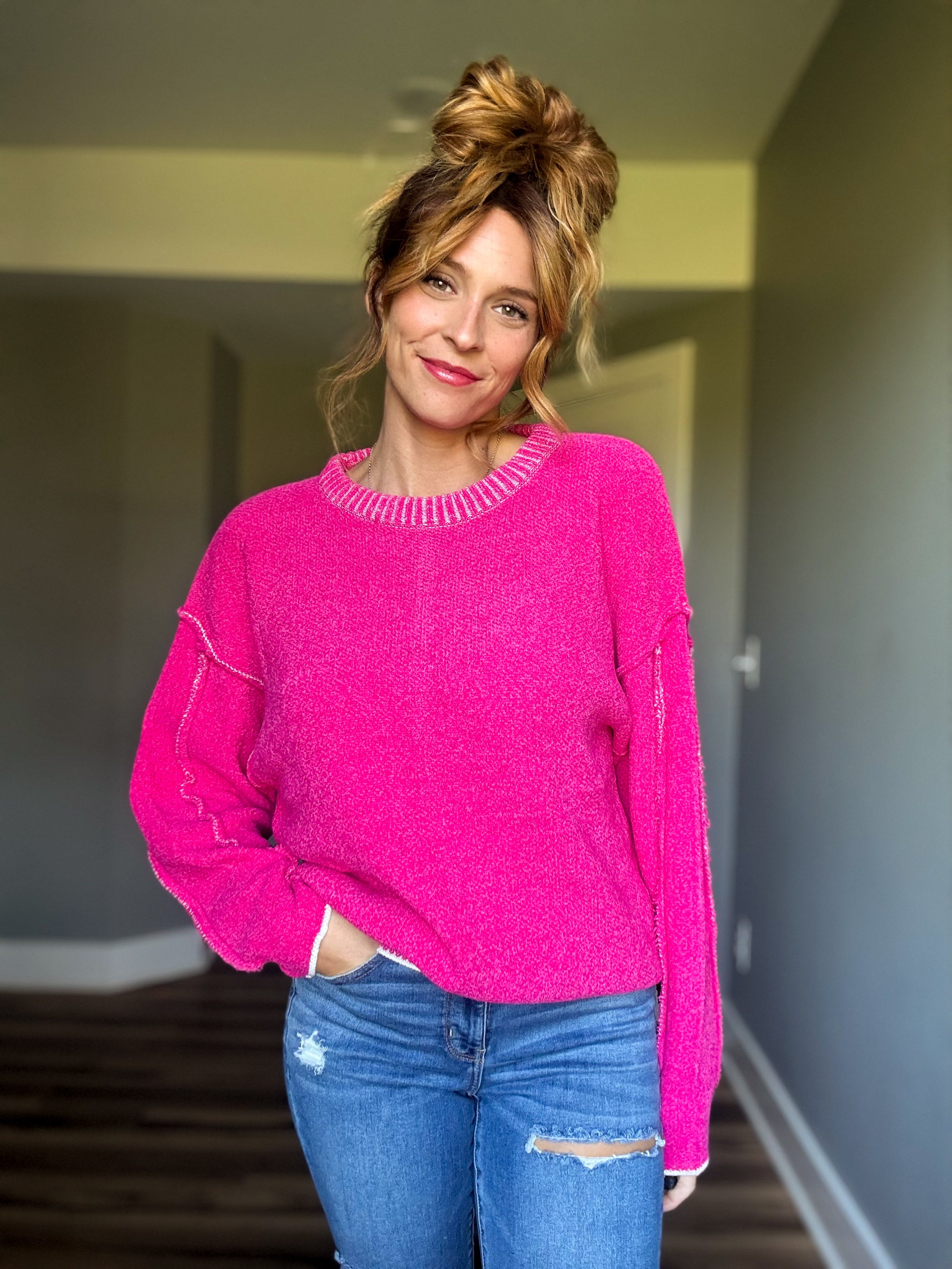 Exposed Seam Round Neck Sweater- Neon Pink