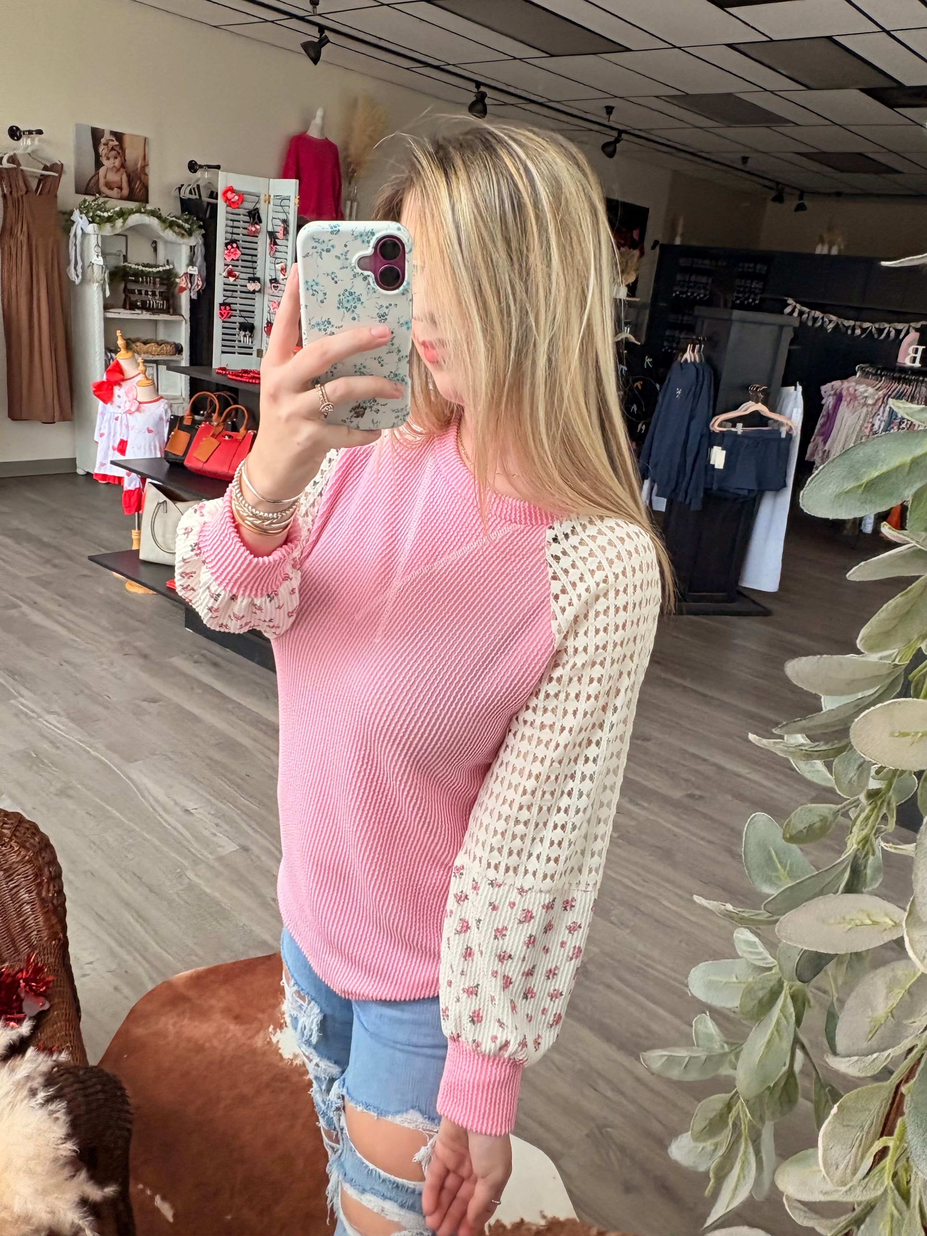 Blush & Bloom Crochet Sleeve Pullover
