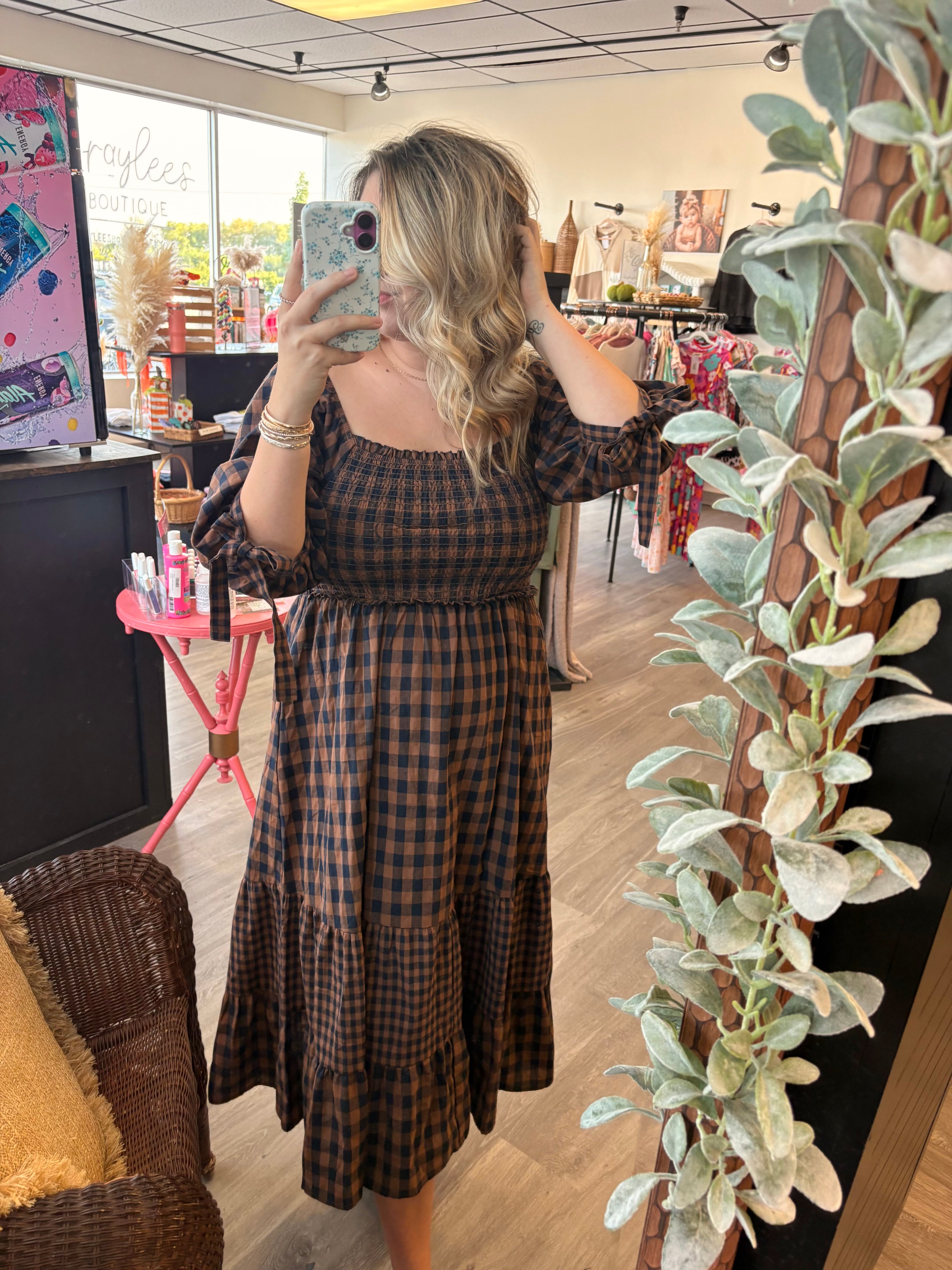 Checker Plaid Smocking Detailed Dress
