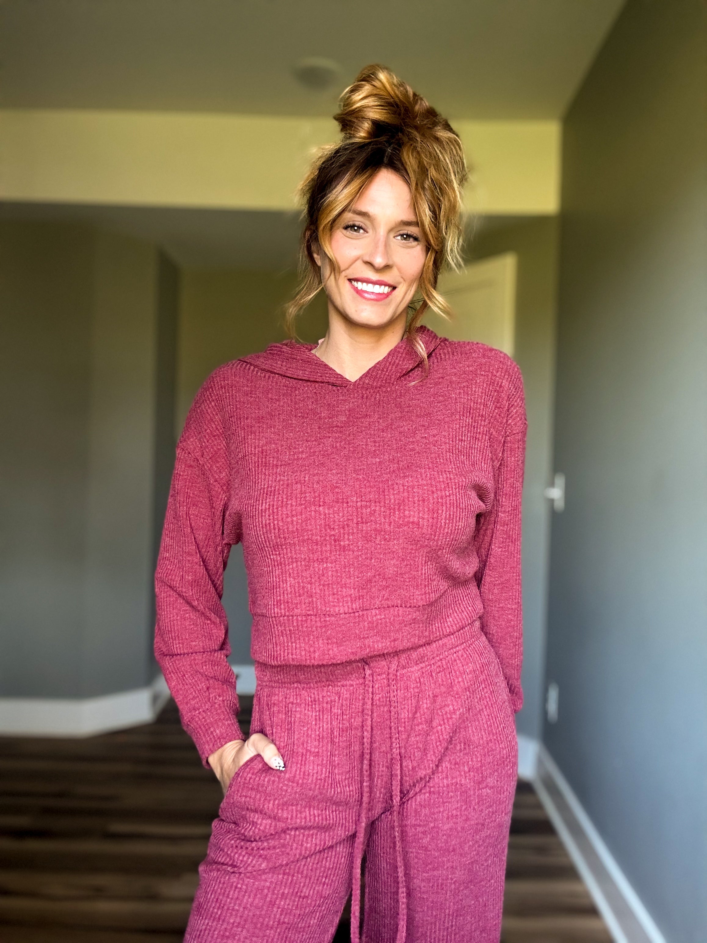 Ribbed Crop Hoodie- Cabernet