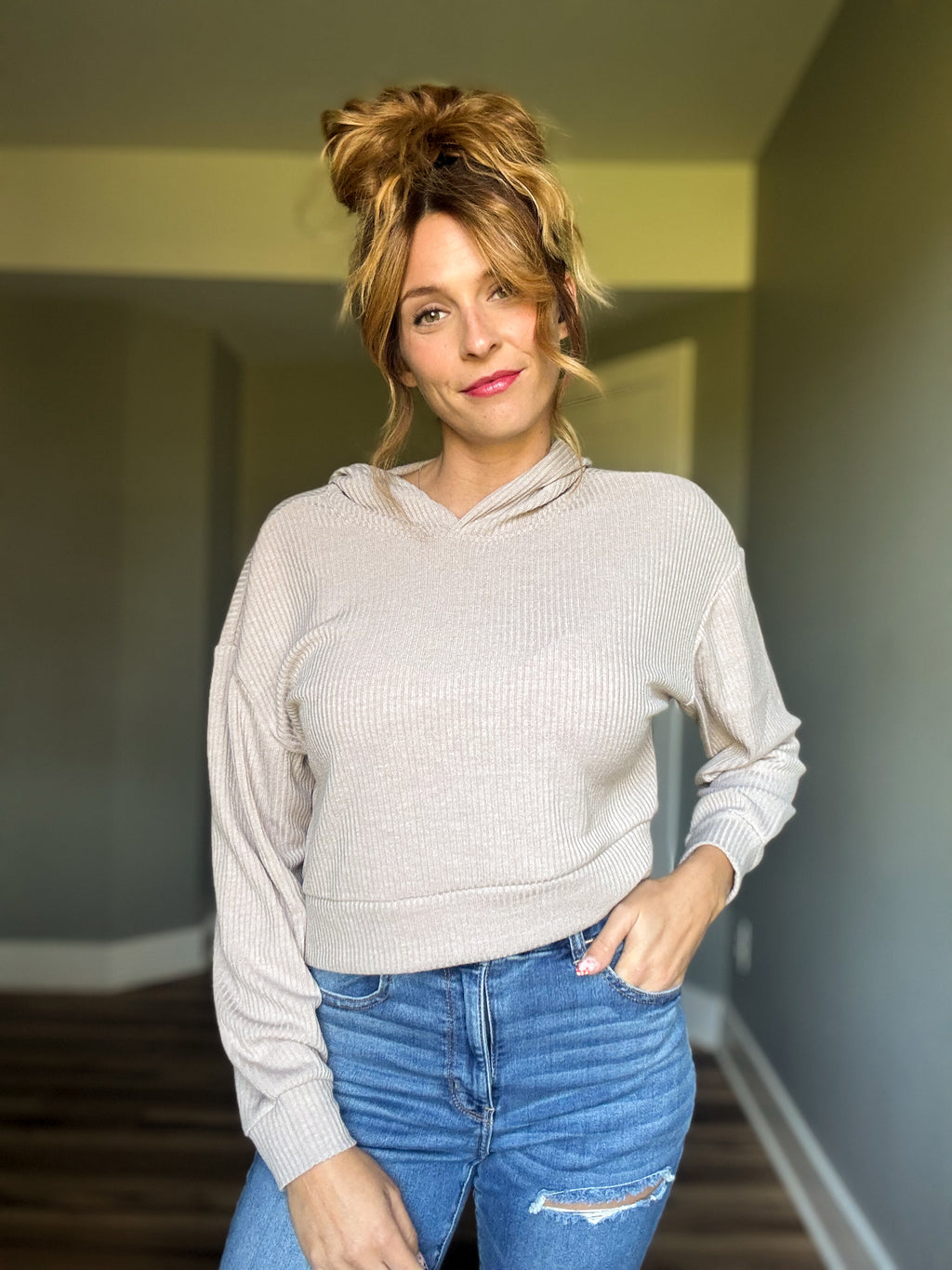 Ribbed Crop Hoodie- Ash Mocha