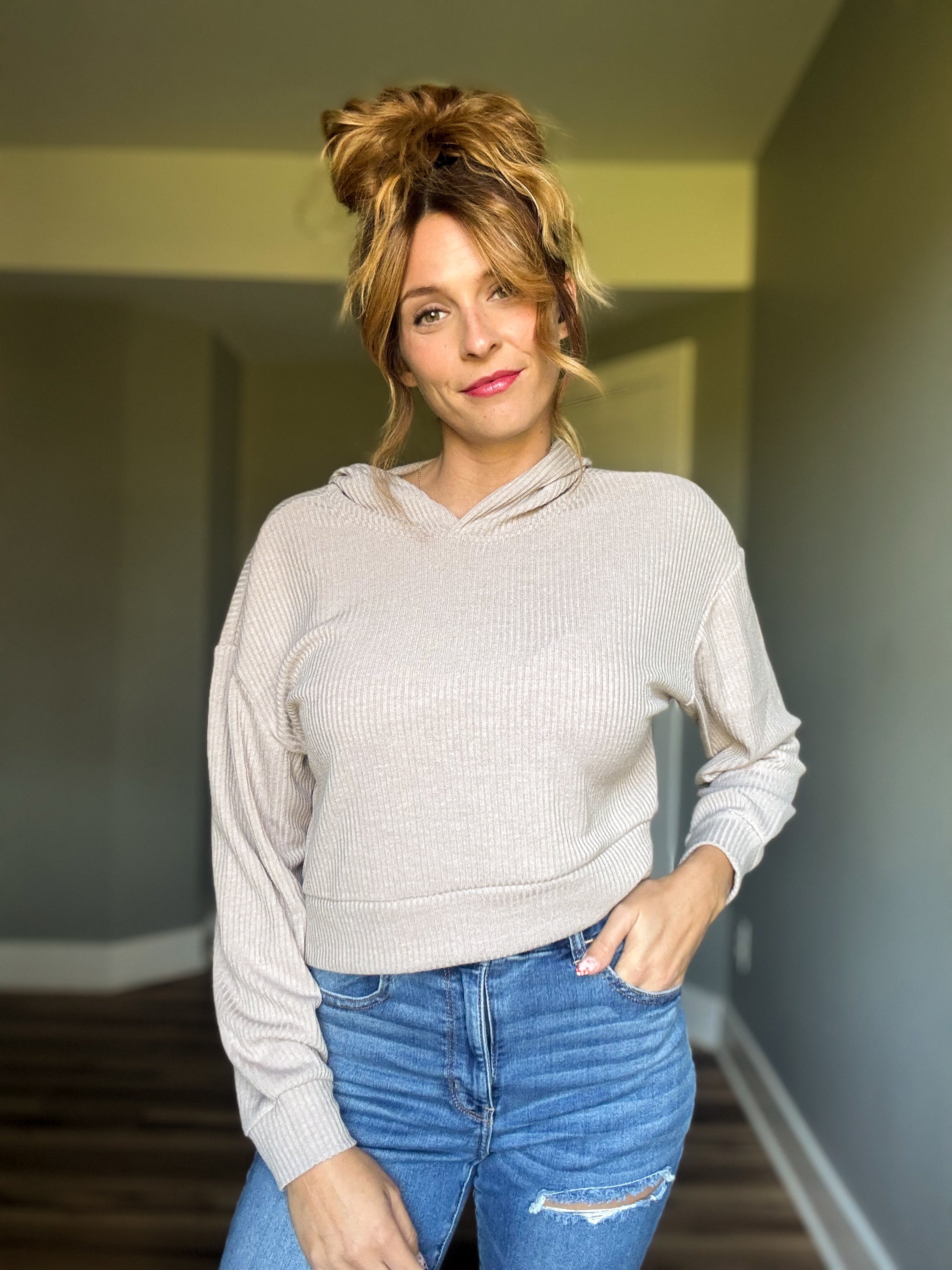Ribbed Crop Hoodie- Ash Mocha