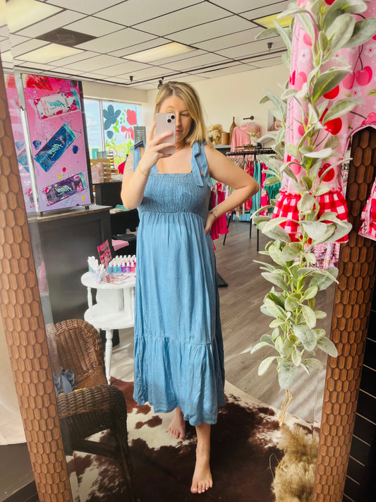 Chambray Smocked Tie Strap Maxi Dress