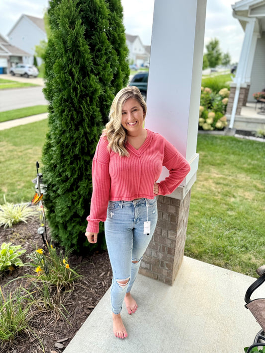 Casual Comfy Soft V-Neck Top- Coral